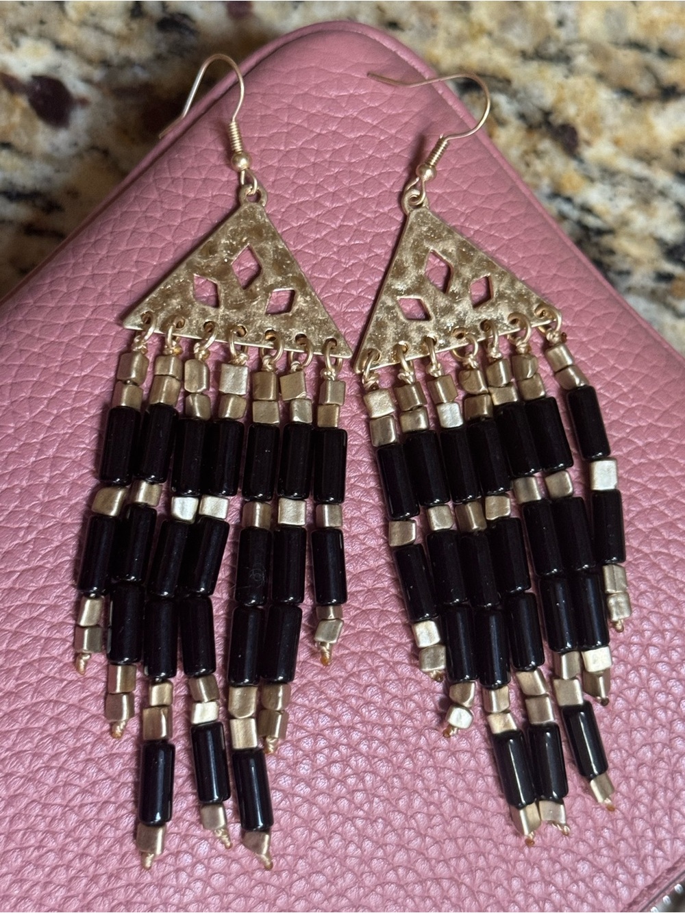 ❤️2/$20 Gold and Black Beaded Fringe Earrings Women Jewelry